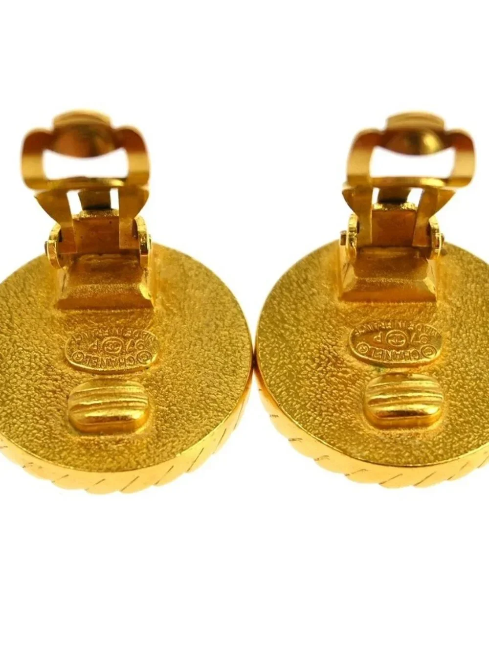Chanel Button Earrings Clip-On Black Gold 97P NQ06212